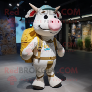 Cream Cow mascot costume character dressed with a Romper and Backpacks