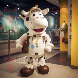 Cream Cow mascot costume character dressed with a Romper and Backpacks