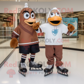 Brown Pair Of Ice Skates mascot costume character dressed with a Long Sleeve Tee and Anklets