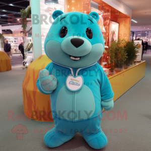 Cyan Beaver mascot costume character dressed with a Sweatshirt and Coin purses