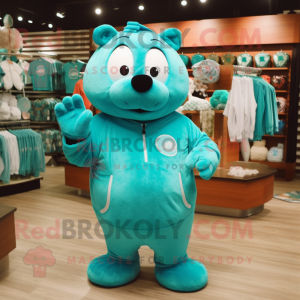 Cyan Beaver mascot costume character dressed with a Sweatshirt and Coin purses