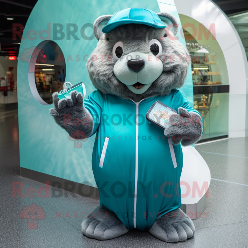 Cyan Beaver mascot costume character dressed with a Sweatshirt and Coin purses