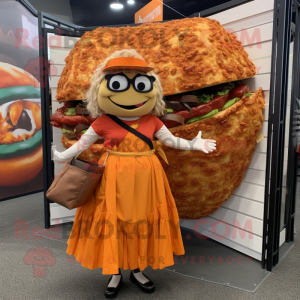 Orange Pulled Pork Sandwich mascot costume character dressed with a Wrap Skirt and Handbags