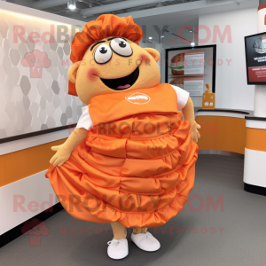 Orange Pulled Pork Sandwich mascot costume character dressed with a Wrap Skirt and Handbags