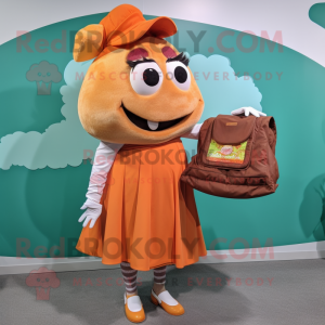 Orange Pulled Pork Sandwich mascot costume character dressed with a Wrap Skirt and Handbags