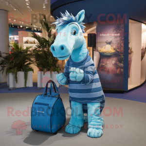 Blue Quagga mascot costume character dressed with a Playsuit and Handbags