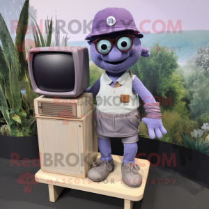 Lavender Television mascot costume character dressed with a Henley Tee and Eyeglasses