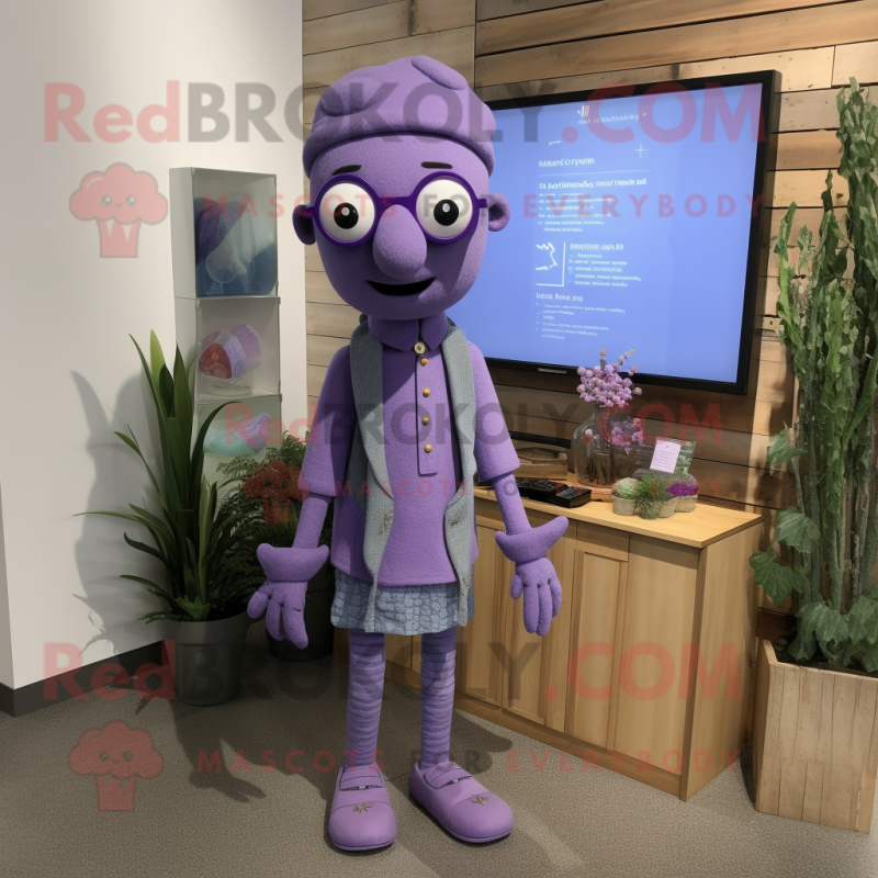 Lavender Television mascot costume character dressed with a Henley Tee and Eyeglasses