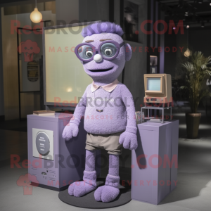 Lavender Television mascot costume character dressed with a Henley Tee and Eyeglasses