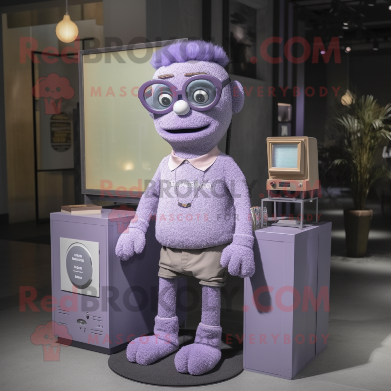 Lavender Television mascot costume character dressed with a Henley Tee and Eyeglasses