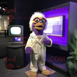 Lavender Television mascot costume character dressed with a Henley Tee and Eyeglasses