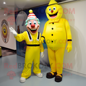 Lemon Yellow Evil Clown mascot costume character dressed with a Cargo Pants and Watches