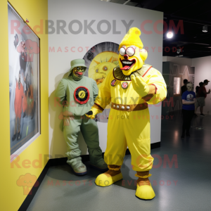 Lemon Yellow Evil Clown mascot costume character dressed with a Cargo Pants and Watches