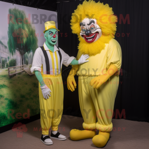 Lemon Yellow Evil Clown mascot costume character dressed with a Cargo Pants and Watches