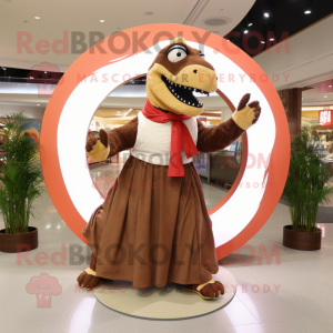 Brown Tyrannosaurus mascot costume character dressed with a Circle Skirt and Scarves