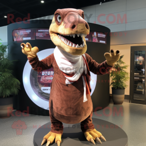 Brown Tyrannosaurus mascot costume character dressed with a Circle Skirt and Scarves