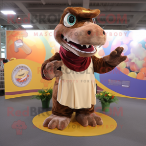 Brown Tyrannosaurus mascot costume character dressed with a Circle Skirt and Scarves