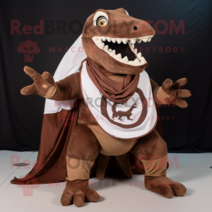 Brown Tyrannosaurus mascot costume character dressed with a Circle Skirt and Scarves