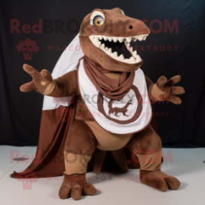 Brown Tyrannosaurus mascot costume character dressed with a Circle Skirt and Scarves