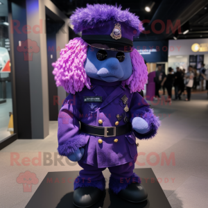 Purple Navy Soldier mascot costume character dressed with a Coat and Hair clips