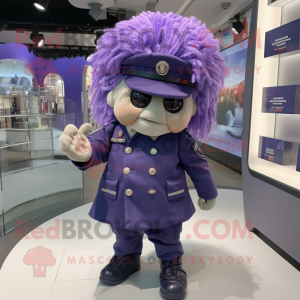 Purple Navy Soldier mascot costume character dressed with a Coat and Hair clips