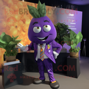 Purple Mango mascot costume character dressed with a Suit Jacket and Anklets