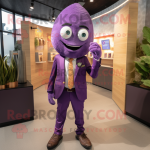 Purple Mango mascot costume character dressed with a Suit Jacket and Anklets