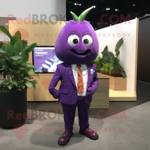 Purple Mango mascot costume character dressed with a Suit Jacket and Anklets