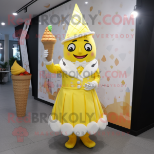Lemon Yellow Ice Cream Cone mascot costume character dressed with a A-Line Dress and Brooches