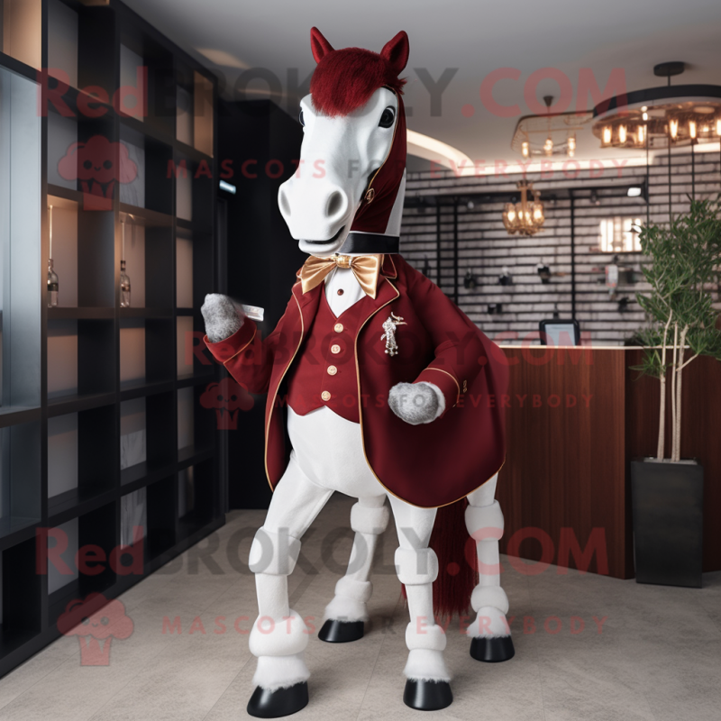Maroon Horse mascot costume character dressed with a Tuxedo and Belts Maroon Horse mascot costume character dressed with a Tuxedo and Belts
