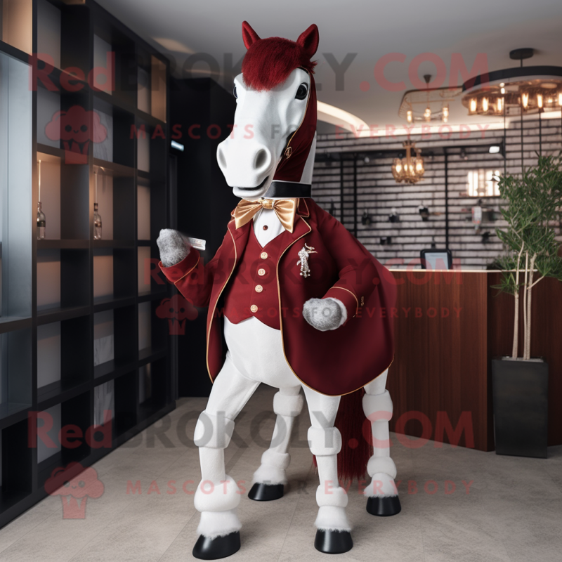 Maroon Horse mascot costume character dressed with a Tuxedo and Belts