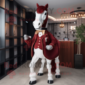 Maroon Horse mascot costume character dressed with a Tuxedo and Belts