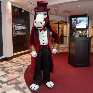 Maroon Horse mascot costume character dressed with a Tuxedo and Belts