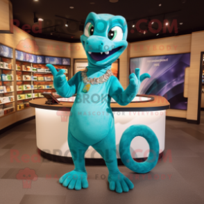 Turquoise Snake mascot costume character dressed with a V-Neck Tee and Earrings