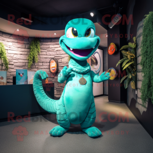 Turquoise Snake mascot costume character dressed with a V-Neck Tee and Earrings