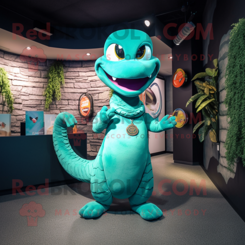 Turquoise Snake mascot costume character dressed with a V-Neck Tee and Earrings Turquoise Snake mascot costume character dressed with a V-Neck Tee and Earrings