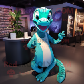 Turquoise Snake mascot costume character dressed with a V-Neck Tee and Earrings