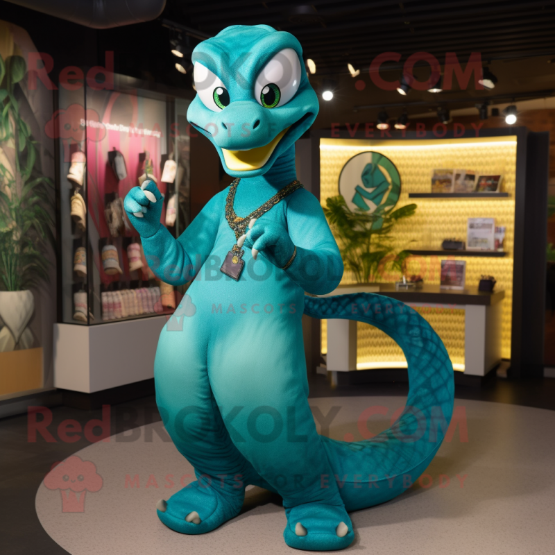 Turquoise Snake mascot costume character dressed with a V-Neck Tee and Earrings