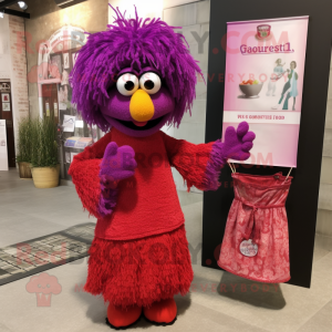 Magenta Jambalaya mascot costume character dressed with a Midi Dress and Clutch bags