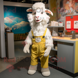 Cream Angora Goat mascot costume character dressed with a Overalls and Caps