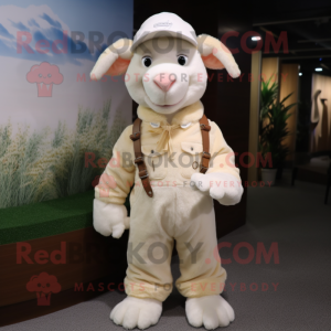 Cream Angora Goat mascot costume character dressed with a Overalls and Caps