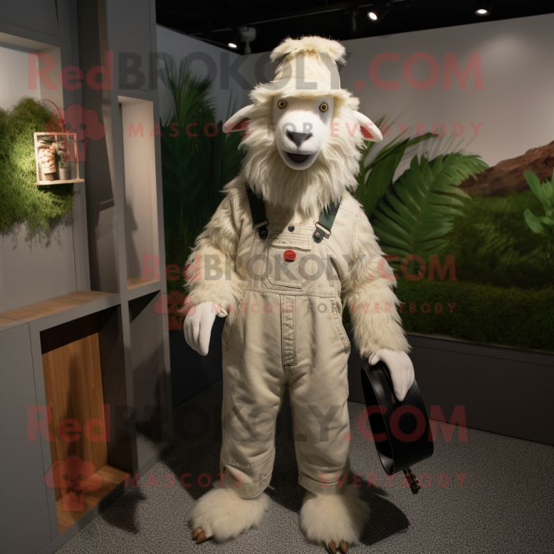 Cream Angora Goat mascot costume character dressed with a Overalls and Caps Cream Angora Goat mascot costume character dressed with a Overalls and Caps