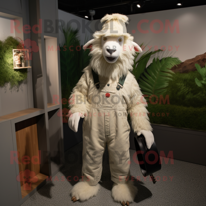 Cream Angora Goat mascot costume character dressed with a Overalls and Caps