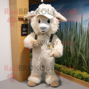 Cream Angora Goat mascot costume character dressed with a Overalls and Caps
