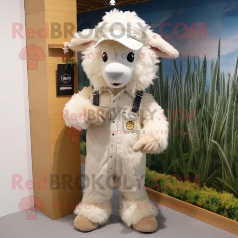 Cream Angora Goat mascot costume character dressed with a Overalls and Caps Cream Angora Goat mascot costume character dressed with a Overalls and Caps