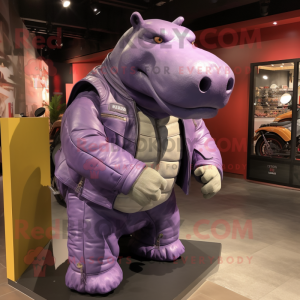 Purple Hippopotamus mascot costume character dressed with a Moto Jacket and Clutch bags