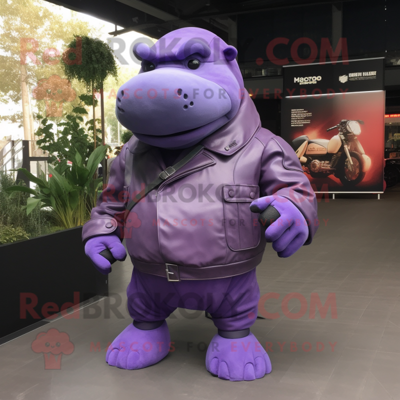 Purple Hippopotamus mascot costume character dressed with a Moto Jacket and Clutch bags