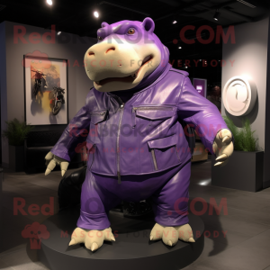 Purple Hippopotamus mascot costume character dressed with a Moto Jacket and Clutch bags