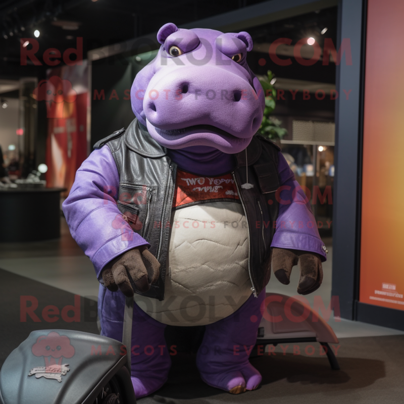 Purple Hippopotamus mascot costume character dressed with a Moto Jacket and Clutch bags