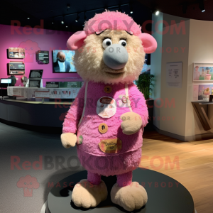 Pink Merino Sheep mascot costume character dressed with a Shorts and Brooches